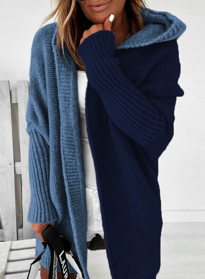 Astylish Womens Oversized Knit Cardigan Sweaters Fall Fashion Loose Color Block Batwing Sleeves Coat Navy Blue Medium - Image 4