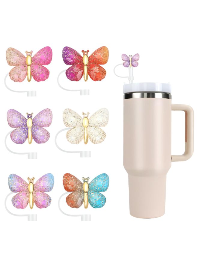 Butterfly Resin Straw Cap Suit Shiny Silicone Straw Cap Reusable Straw Cap-Color:Butterfly Straw Cap (pack Of 6) Type A - Image 1