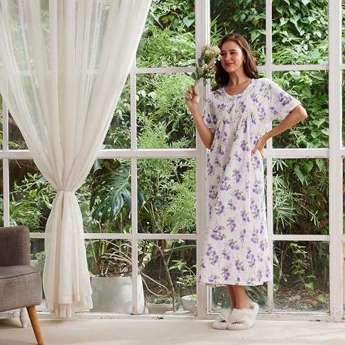 Keyocean Nightgowns for Women, Soft Cotton Comfy Lightweight Short Sleeves Ladies Nightdress, Violet Bloom, XX-Large - Image 3