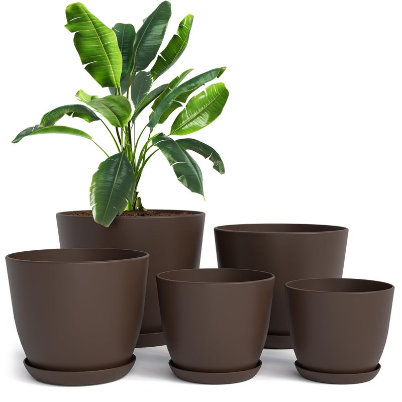 Utopia Home - Plant Pots Indoor with Drainage - 7/6.6/6/5.3/4.8 Inches Garden Flower Pots for Indoor Planter - 5 Pack Brown Plastic Planters - Ideal for Stocking Stuffers or Room, Office Home Decor - Image 1