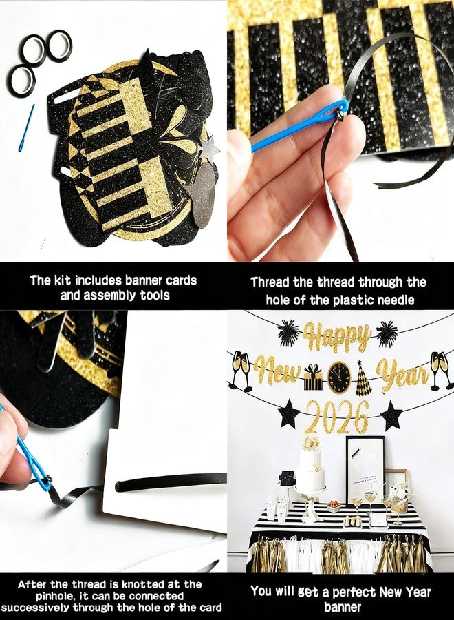 IMISHM Gold Black New Years Decorations 2026 Glitter Banner New Years Eve Party Supplies NYE Eve Decorations Happy New Year Sign For Party Decorations - Image 3