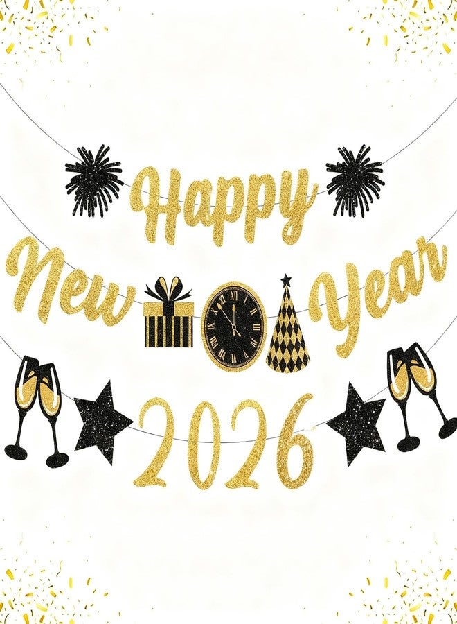 IMISHM Gold Black New Years Decorations 2026 Glitter Banner New Years Eve Party Supplies NYE Eve Decorations Happy New Year Sign For Party Decorations - Image 1