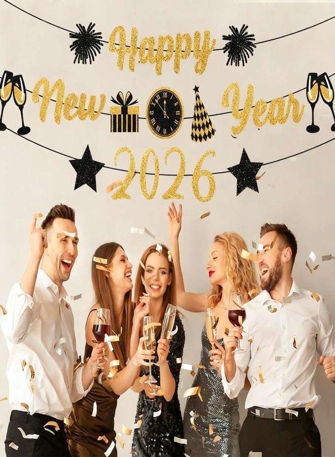 IMISHM Gold Black New Years Decorations 2026 Glitter Banner New Years Eve Party Supplies NYE Eve Decorations Happy New Year Sign For Party Decorations - Image 4