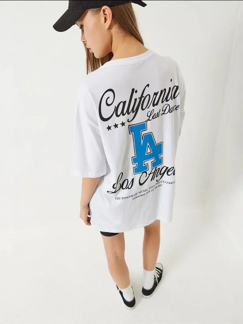 Bianco Lucci LUCCI Oversized Crew Neck Cotton T-Shirt with Back Print