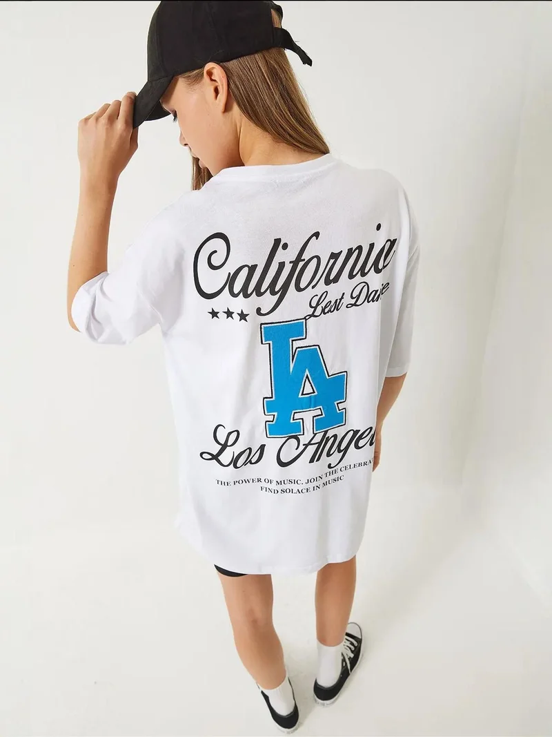 Bianco Lucci LUCCI Oversized Crew Neck Cotton T-Shirt with Back Print