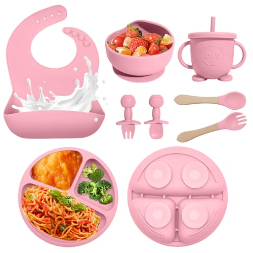 Catvegue Baby Led Weaning Supplies, 8 Piece BPA-Free Silicone Feeding Set, Silicone Suction Bowl, Forks & Spoons, Bib & Cup, Develops Self Feeding Skills, Dishwasher Safe, for 6+ Months (Pink) - Image 1