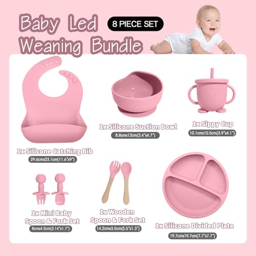Catvegue Baby Led Weaning Supplies, 8 Piece BPA-Free Silicone Feeding Set, Silicone Suction Bowl, Forks & Spoons, Bib & Cup, Develops Self Feeding Skills, Dishwasher Safe, for 6+ Months (Pink) - Image 2
