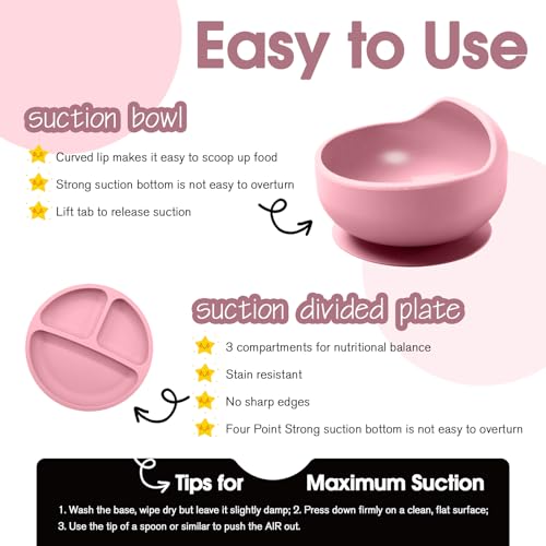 Catvegue Baby Led Weaning Supplies, 8 Piece BPA-Free Silicone Feeding Set, Silicone Suction Bowl, Forks & Spoons, Bib & Cup, Develops Self Feeding Skills, Dishwasher Safe, for 6+ Months (Pink) - Image 4