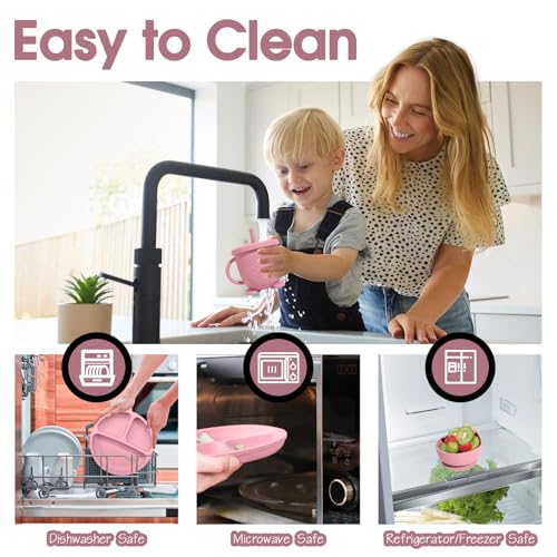 Catvegue Baby Led Weaning Supplies, 8 Piece BPA-Free Silicone Feeding Set, Silicone Suction Bowl, Forks & Spoons, Bib & Cup, Develops Self Feeding Skills, Dishwasher Safe, for 6+ Months (Pink) - Image 5
