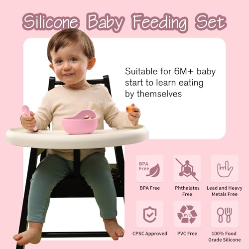 Catvegue Baby Led Weaning Supplies, 8 Piece BPA-Free Silicone Feeding Set, Silicone Suction Bowl, Forks & Spoons, Bib & Cup, Develops Self Feeding Skills, Dishwasher Safe, for 6+ Months (Pink) - Image 3