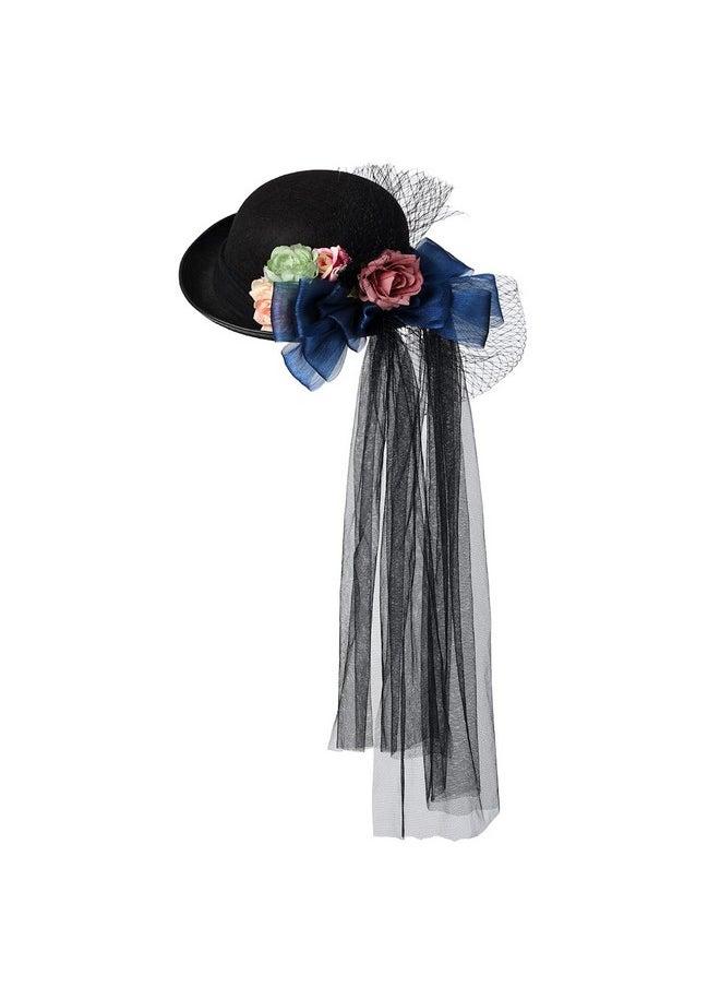 COSDREAMER - Women Victorian Hat Flower Veil Fedora Hat Feather Hats (Black 1) - Image 1