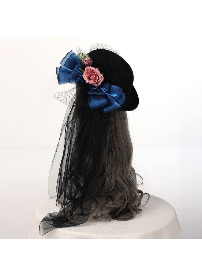 COSDREAMER - Women Victorian Hat Flower Veil Fedora Hat Feather Hats (Black 1) - Image 1