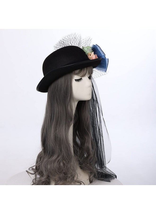 COSDREAMER - Women Victorian Hat Flower Veil Fedora Hat Feather Hats (Black 1) - Image 1
