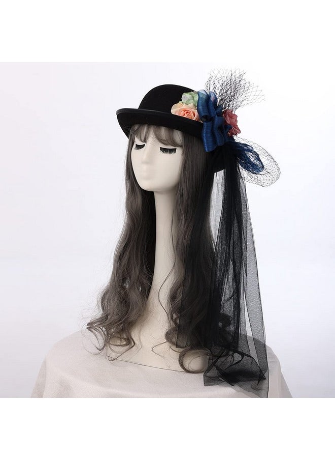 COSDREAMER - Women Victorian Hat Flower Veil Fedora Hat Feather Hats (Black 1) - Image 1