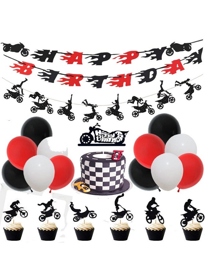 Finypa 60 Pieces Dirt Bike Party Decoration Supplies - Banner, Cake Cupcake Topper for Motocross Themed Birthday - Man or Boy Riding Room Wall Decoration Motorcycle - Image 1