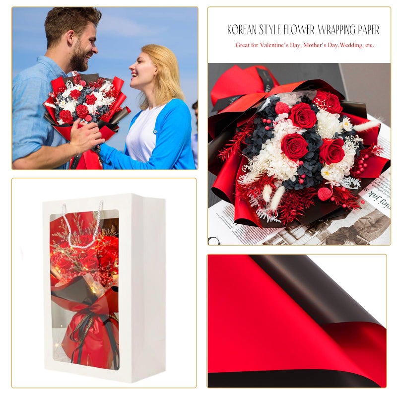 Gloreyan 20 Sheets Flower Wrapping Paper, Florist Bouquet DIY Craft Fresh Flower Bouquet Wrap Waterproof Floral Wrapping Gift Box Packaging Material Florist Supplies, 22.8 * 22.8 Inches(Red+Black) - Image 4