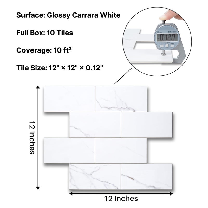 COLAMO Luxury 10-Sheet Peel and Stick Backsplash,Self Adhesive Faux Stone 12â€x12â€ White Subway Tile for Kitchen,Glossy Waterproof Carrara Brick Marble Look,Stick on Accent Wall for Bathroom,Bedroom - Image 2