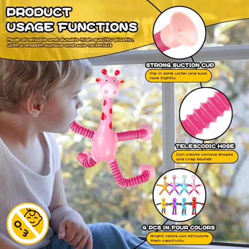 CHESLICR Giraffe Sensory Toys 4Pcs Christmas Stocking Stuffer Gift for Toddler Girls Year Old Ages 2 3 4 5 6 7 8, Suction Autism Toy Pop Tube Fidget Toys Autistic Travel Toys Easter Basket Valentine for Kids - Image 3