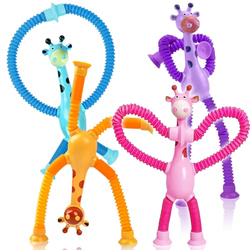 CHESLICR Giraffe Sensory Toys 4Pcs Christmas Stocking Stuffer Gift for Toddler Girls Year Old Ages 2 3 4 5 6 7 8, Suction Autism Toy Pop Tube Fidget Toys Autistic Travel Toys Easter Basket Valentine for Kids - Image 1