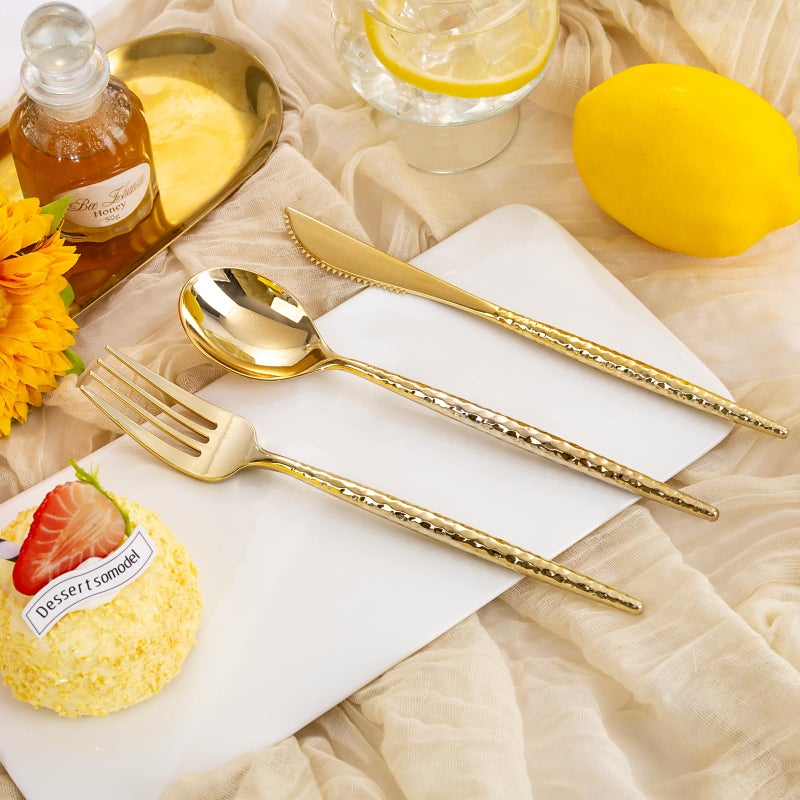 Rubtlamp 90 Pcs Gold Plastic Silverware - Gold Disposable Utensils - Hammered Plastic Silverware - Gold Plastic Forks And Spoons Set Include 30 Forks  30 Knives And 30 Spoons for Party/Wedding - Image 2