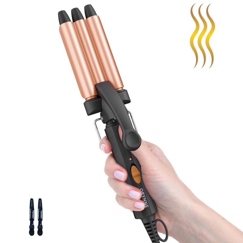 ORYNNE Crimper Hair Tool for Short Hair 12 Inch Mini Crimper for Tight Beach Waves Mini 3 Barrel Curling Iron with Argan Oil Infused Beach Waves Curling Iron Easy to Use