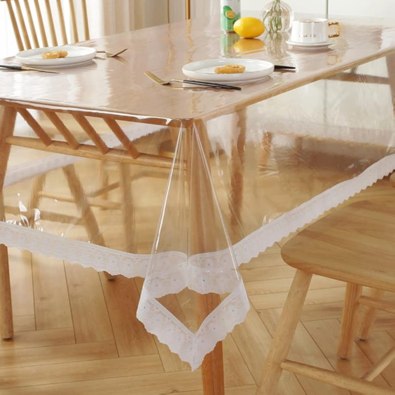 واقي مفرش طاولة بلاستيكي شفاف من مادة PVC من AOKQYA، غطاء مفرش طاولة من الفينيل المقاوم للماء، مفارش طاولة شفافة للطاولات المستطيلة/الأثاث الخشبي (59 × 90 بوصة، دانتيل بوهو)