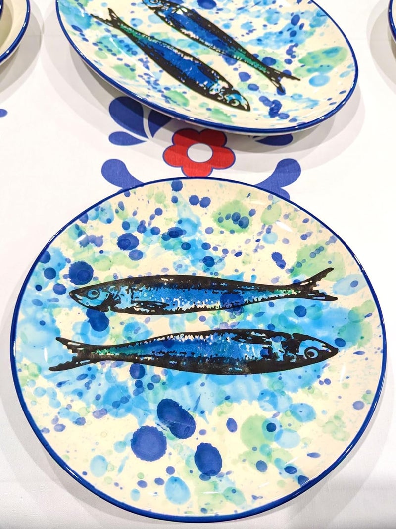 Portuguese Pottery Ceramic Dinner Plate Made in Portugal  Splash Sardines 1 115 inches Blue White Green 02001101 - Image 2