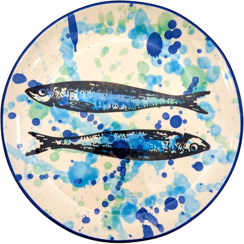 Portuguese Pottery Ceramic Dinner Plate Made in Portugal  Splash Sardines 1 115 inches Blue White Green 02001101 - Image 1
