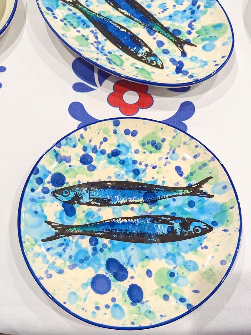 Portuguese Pottery Ceramic Dinner Plate Made in Portugal  Splash Sardines 1 115 inches Blue White Green 02001101 - Image 5
