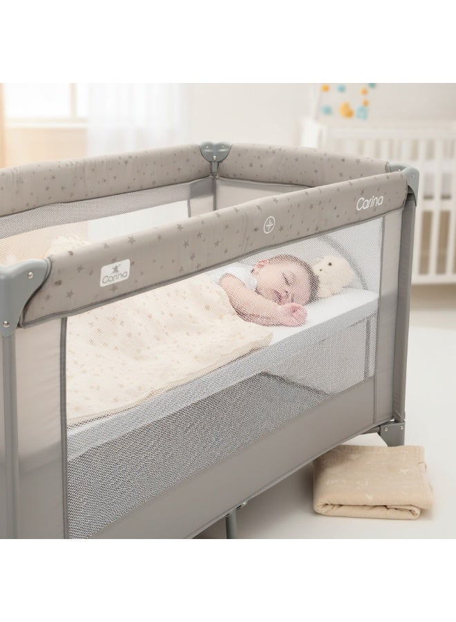 Lorelli Carina Travel Cot & Playpen – 2-Level Foldable Baby Bed with Mattress, Zipper Side Opening, and Wheels – Grey - Image 3