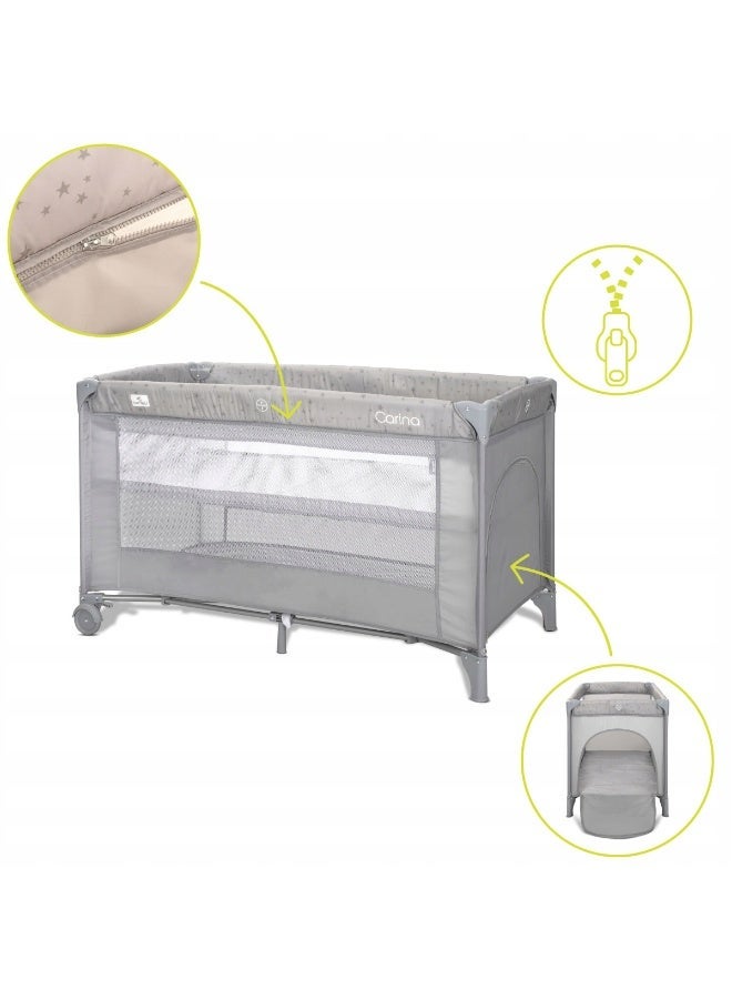 Lorelli Carina Travel Cot & Playpen – 2-Level Foldable Baby Bed with Mattress, Zipper Side Opening, and Wheels – Grey - Image 4