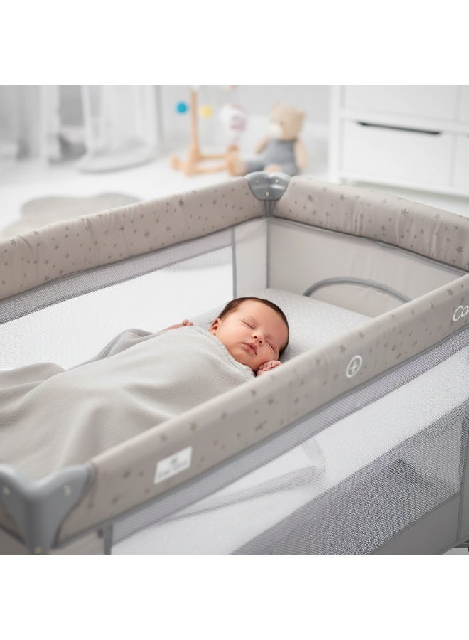 Lorelli Carina Travel Cot & Playpen – 2-Level Foldable Baby Bed with Mattress, Zipper Side Opening, and Wheels – Grey - Image 5