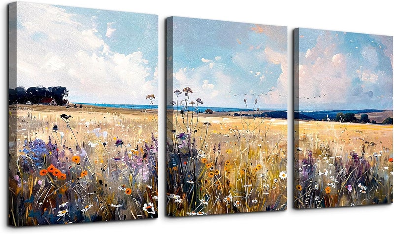 TTHYUEWS Wall Decor For Living Room Canvas Wall Art For Bedroom Modern Bathroom Room Home Decor Field Scenery Wall Paintings Abstract Wall Pictures Office Decoration Framed Prints Artworks 3 Piece - Image 1