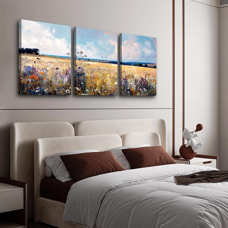 TTHYUEWS Wall Decor For Living Room Canvas Wall Art For Bedroom Modern Bathroom Room Home Decor Field Scenery Wall Paintings Abstract Wall Pictures Office Decoration Framed Prints Artworks 3 Piece - Image 3