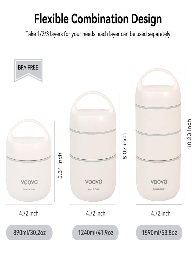Voova Stackable Stainless Steel Thermal Lunch Box with Lunch Bag and Cultery Set for Adult Women Men, 3 Tier Leakproof & Microwave Safe Insulated Bento Boxes Food Container for Work, Beige - Image 2