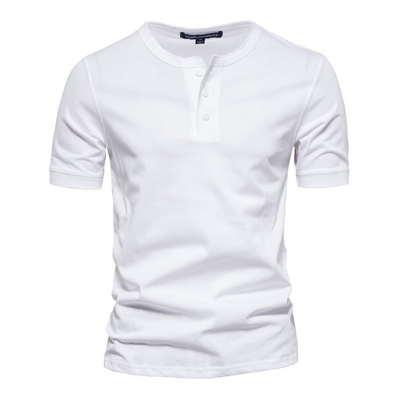 Men'S T-Shirt Henry Shirt Slim Button Round Neck Pure Color Casual Sports Short-Sleeved Top - Image 5
