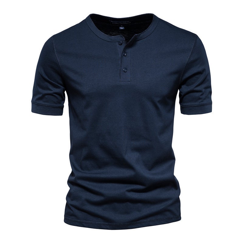 Men'S T-Shirt Henry Shirt Slim Button Round Neck Pure Color Casual Sports Short-Sleeved Top - Image 4