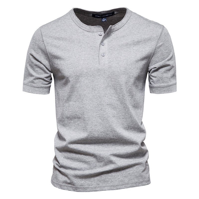 Men'S T-Shirt Henry Shirt Slim Button Round Neck Pure Color Casual Sports Short-Sleeved Top - Image 3