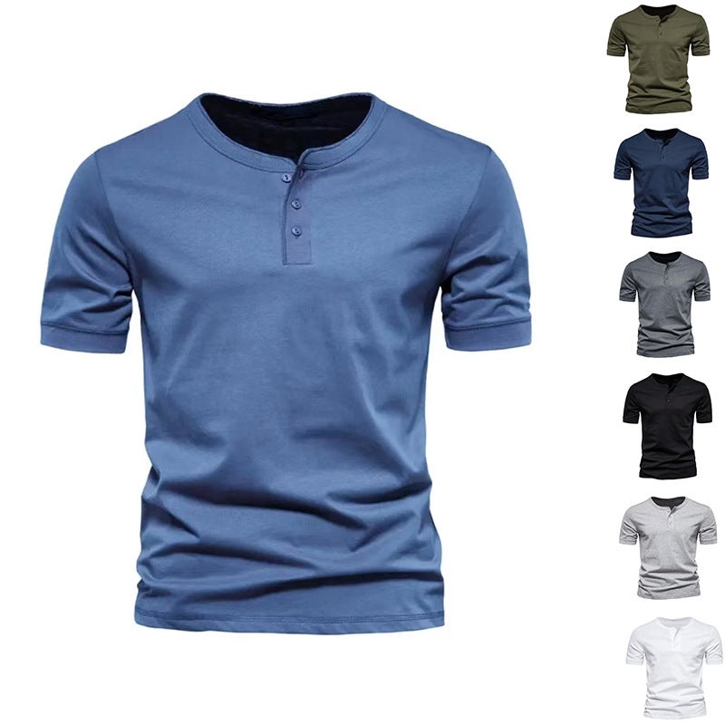 Men'S T-Shirt Henry Shirt Slim Button Round Neck Pure Color Casual Sports Short-Sleeved Top - Image 2