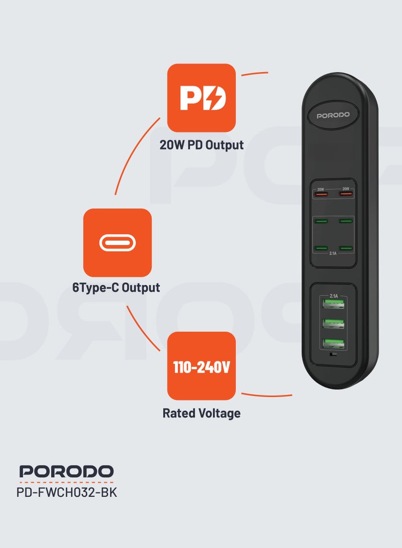 porodo 50W Multi-Port USB Charging Hub / Simultaneous Charging / 2M Cable Length / Built-In Safeguards - Black  - Image 2
