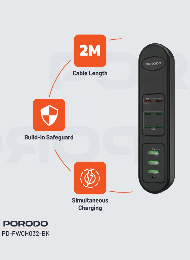 porodo 50W Multi-Port USB Charging Hub / Simultaneous Charging / 2M Cable Length / Built-In Safeguards - Black  - Image 3