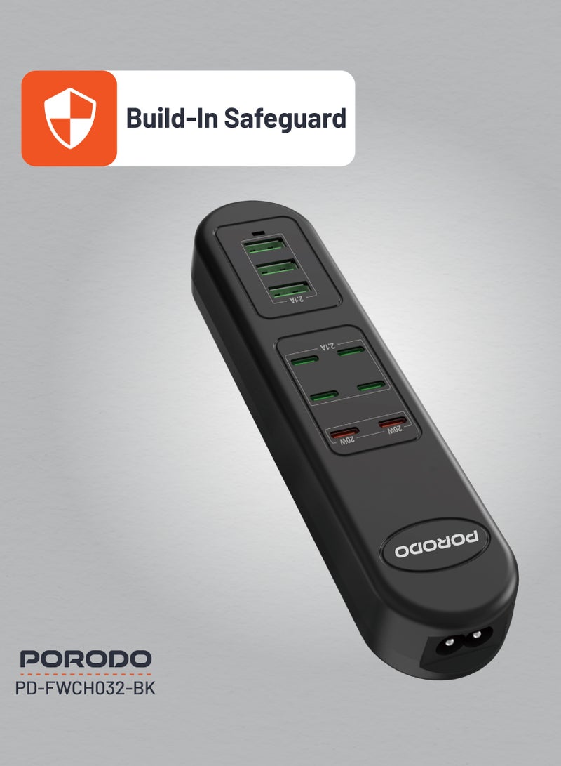 porodo 50W Multi-Port USB Charging Hub / Simultaneous Charging / 2M Cable Length / Built-In Safeguards - Black  - Image 4