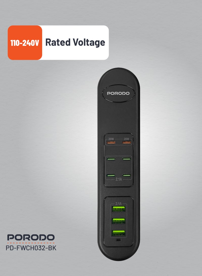 porodo 50W Multi-Port USB Charging Hub / Simultaneous Charging / 2M Cable Length / Built-In Safeguards - Black  - Image 5