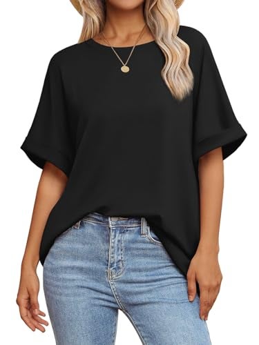 ATHMILE Basic Tees for Women Loose Fit Beach Vacation Short Sleeve Summer Casual Blouse 2025 Y2K Tee Tops Black - Image 1