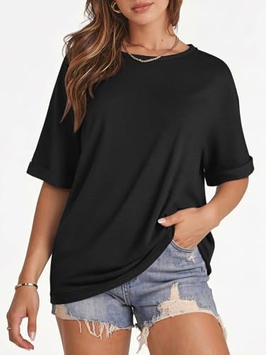 ATHMILE Basic Tees for Women Loose Fit Beach Vacation Short Sleeve Summer Casual Blouse 2025 Y2K Tee Tops Black - Image 3