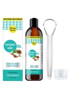 Pulling Oil With Coconut & Peppermint, Oil-Mouthwash for Oral Care-Teeth Whitening and Fresh Breath, Organic Essential Oils Mouthwash With Tongue Scraper Alcohol-Free, Treatment for Gum 237ml