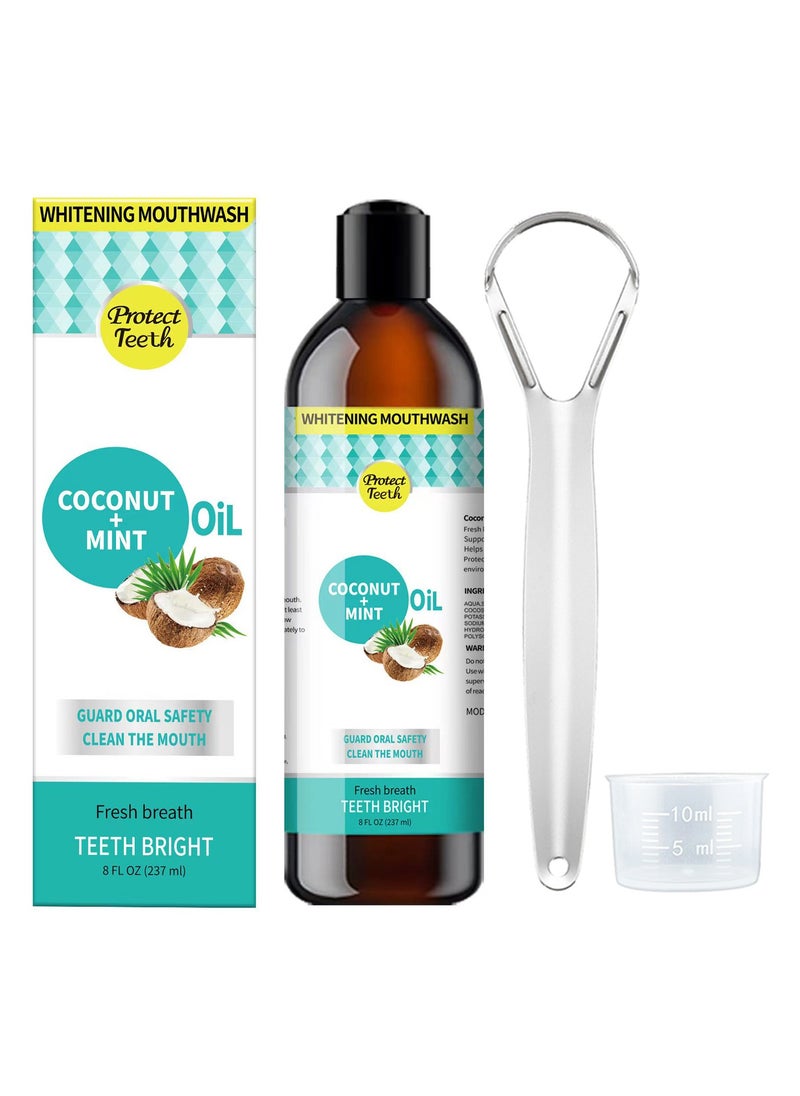 Protect - Pulling Oil With Coconut & Peppermint, Oil-Mouthwash for Oral Care-Teeth Whitening and Fresh Breath, Organic Essential Oils Mouthwash With Tongue Scraper Alcohol-Free, Treatment for Gum 237ml - Image 1