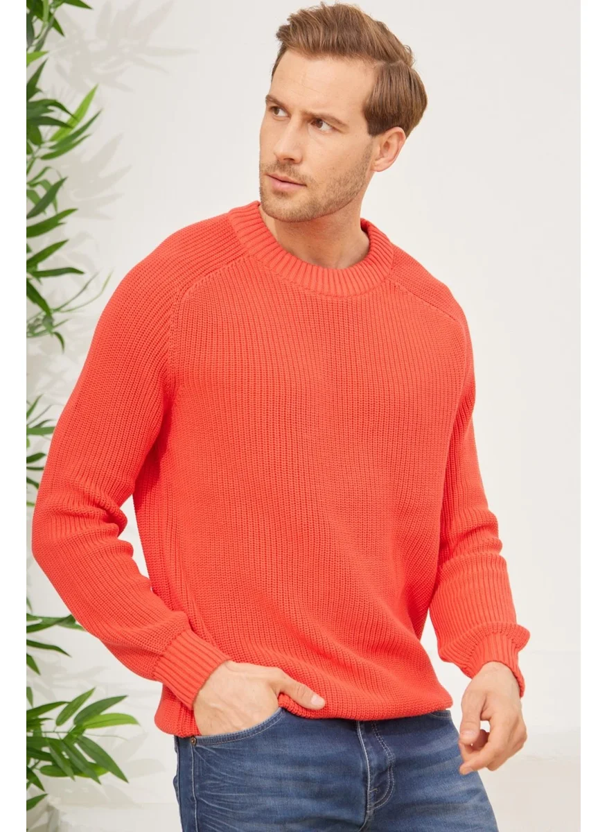 Odelon Crew Neck Selanik Knitted Cotton Men's Coral Knitwear Sweater