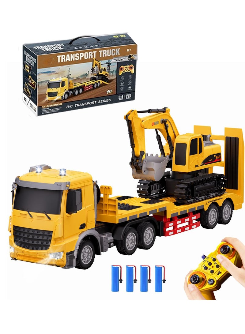 والالا مجموعة ألعاب شاحنة نصف مقطورة وحفارة تعمل بالتحكم عن بعد، 11 قناة، مركبة هندسية تعمل بالتحكم عن بعد مع صوت وأضواء، شاحنة مسطحة 2.4 جيجاهرتز مع ألعاب حفارة، هدية رائعة للأطفال الأولاد - Image 1
