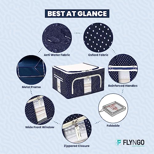 FLYNGO Foldable Steel Frame Clothes Organizer Storage Box For Wardrobe, Saree, Shirts, And Blankets (44 Ltr - Pack Of 4, Oxford Fabric), Blue - Image 4